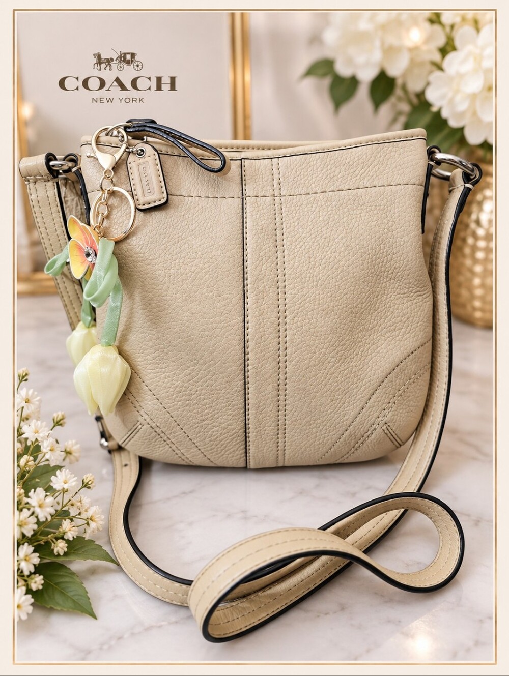 Vintage COACH Beige Pebbled Leather Crossbody Shoulder Bag Neutral